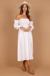 Domenica Shirred Long Sleeve Midi Dress - White